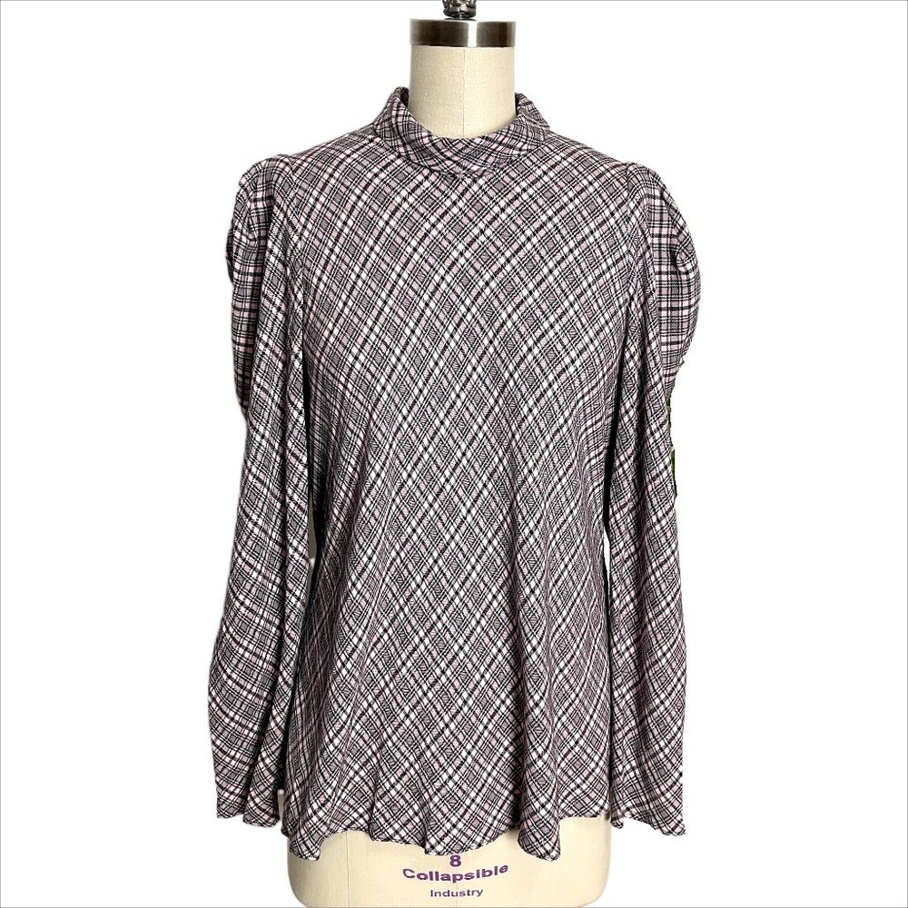 Zara Woman pink and black plaid blouse with high collar - size XL